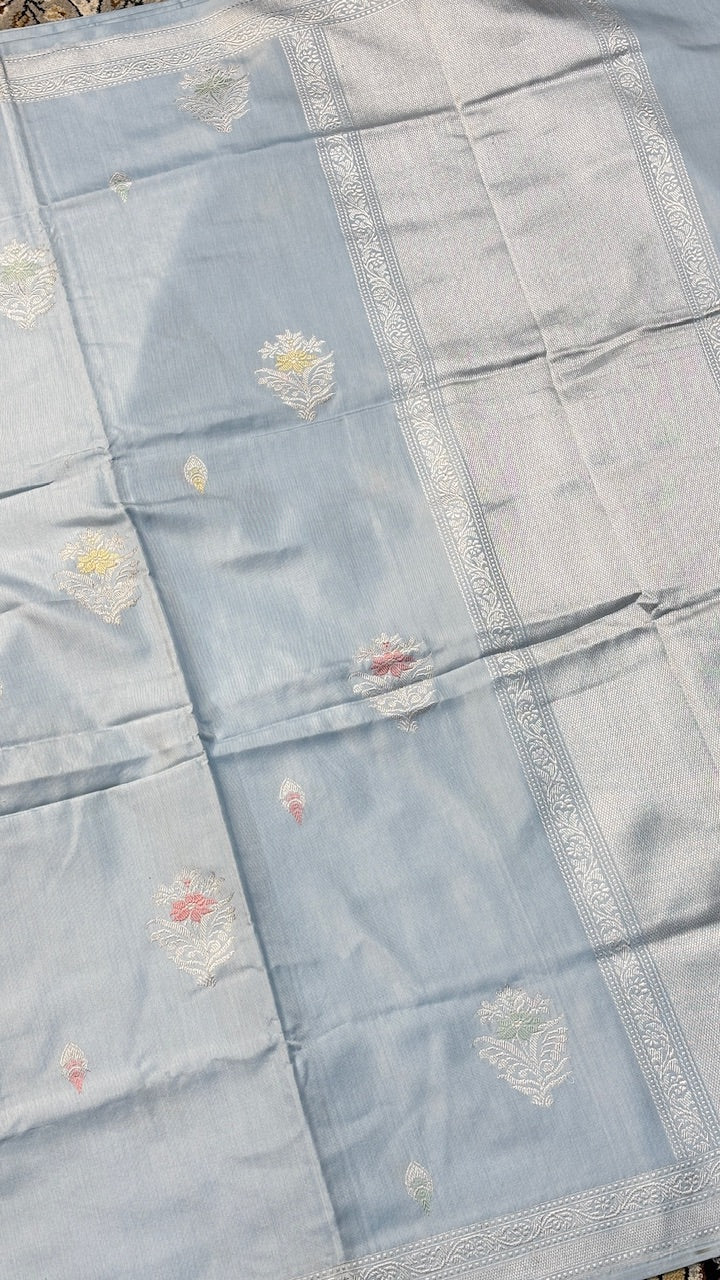 Pastel Sky Blue Pure Banarasi Ektara  Silk Handwoven Saree