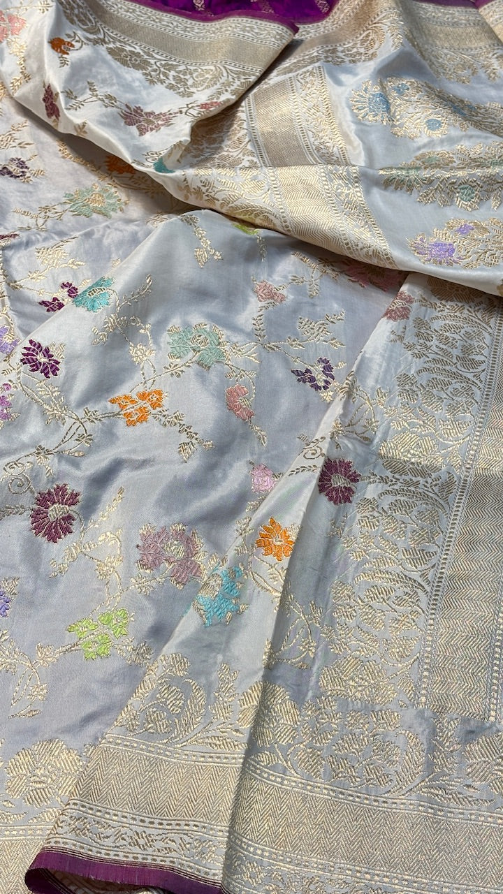 White Minakari Banarasi Katan Silk Handwoven Saree
