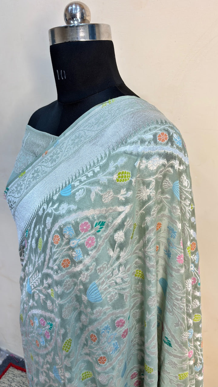 Ice Green Banarasi Pure Chiffon Silk Saree