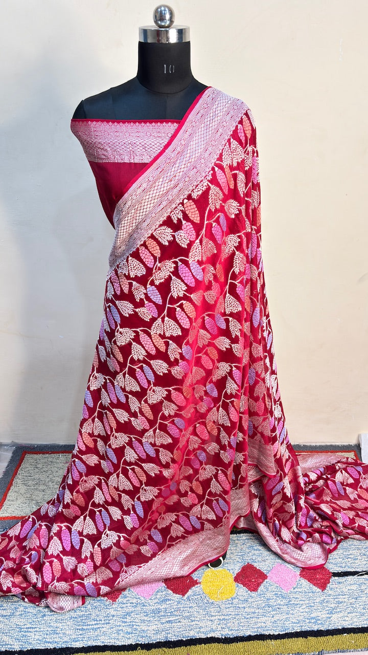 Red Banarasi Pure Chiffon Silk Saree