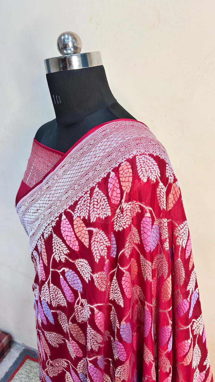 Red Banarasi Pure Chiffon Silk Saree