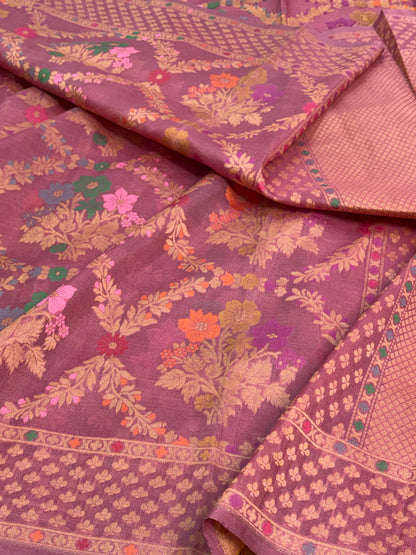 Dusty Lavender Pure Banarasi Kora Jamdani Saree