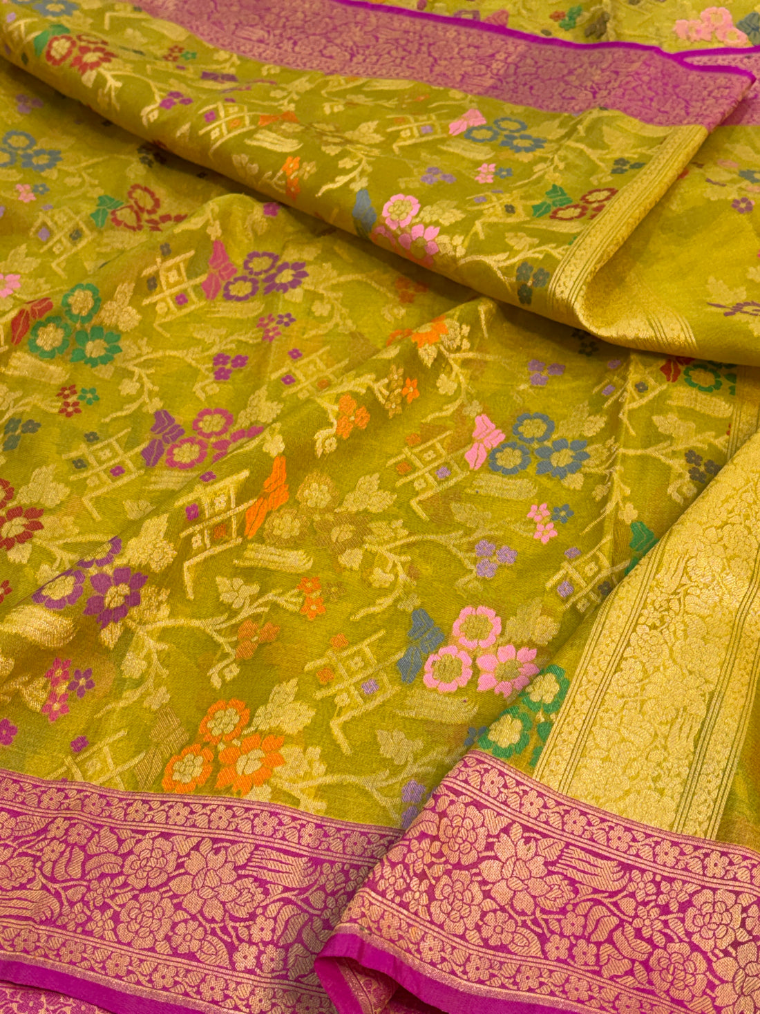 Lemon Yellow Pure Banarasi Kora Jamdani Saree