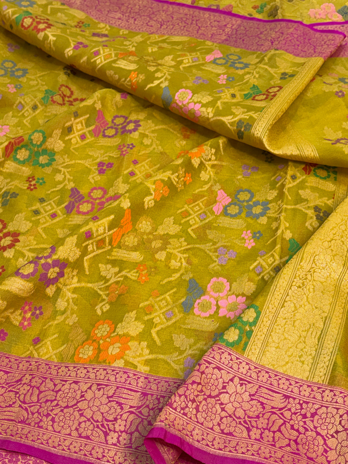 Lemon Yellow Pure Banarasi Kora Jamdani Saree