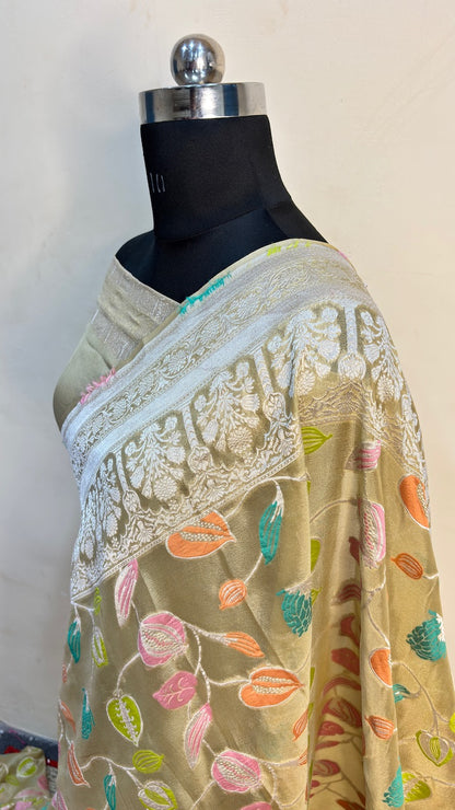 Golden Beige Banarasi Pure Chiffon Silk Saree