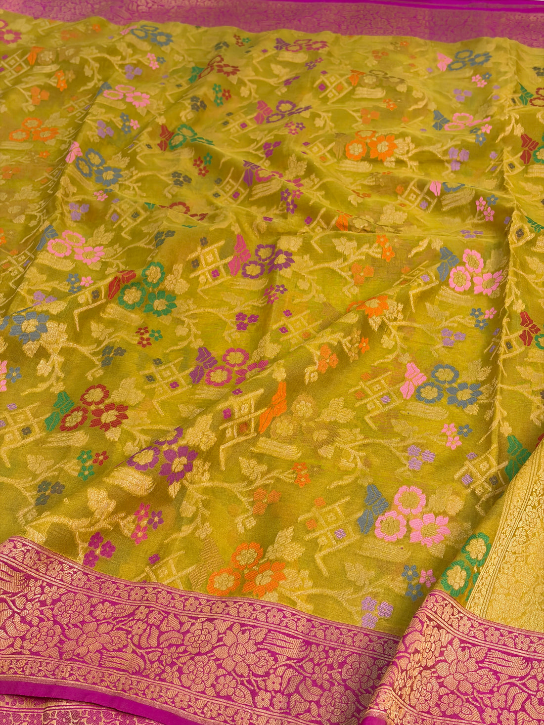 Lemon Yellow Pure Banarasi Kora Jamdani Saree
