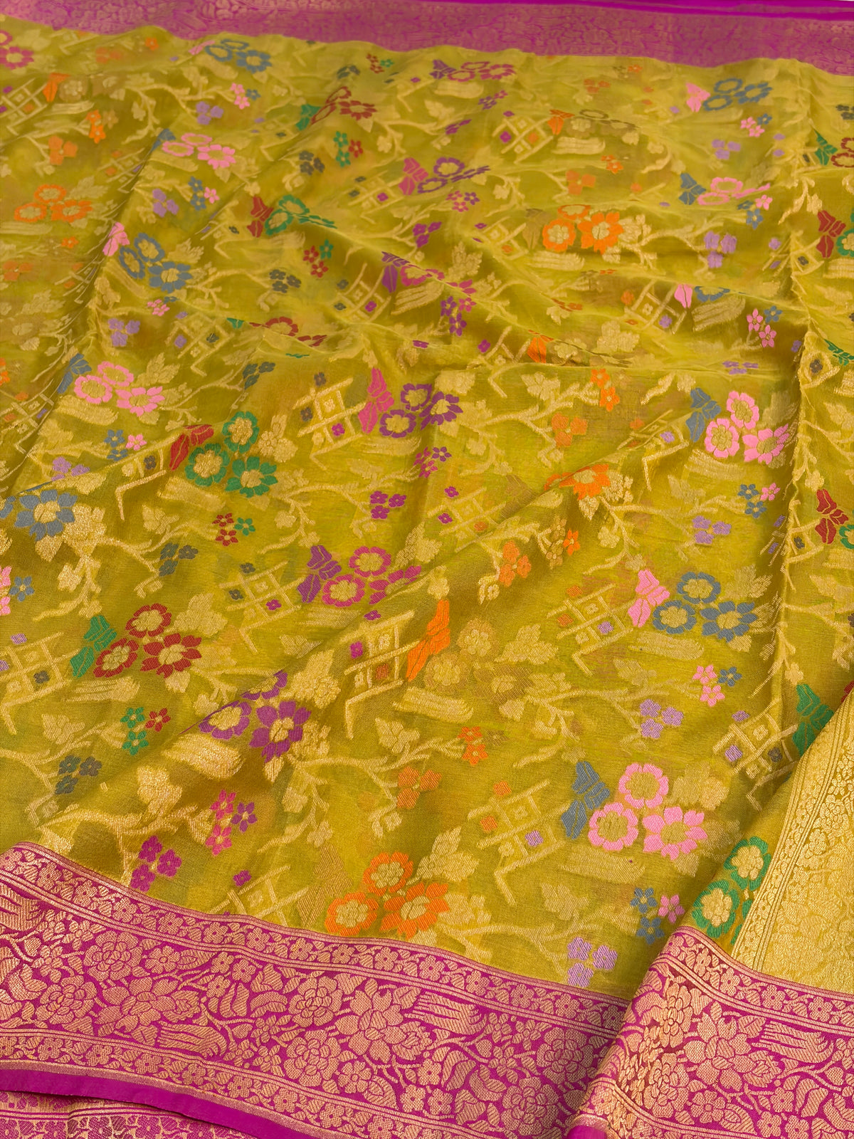 Lemon Yellow Pure Banarasi Kora Jamdani Saree