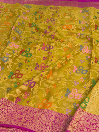 Lemon Yellow Pure Banarasi Kora Jamdani Saree