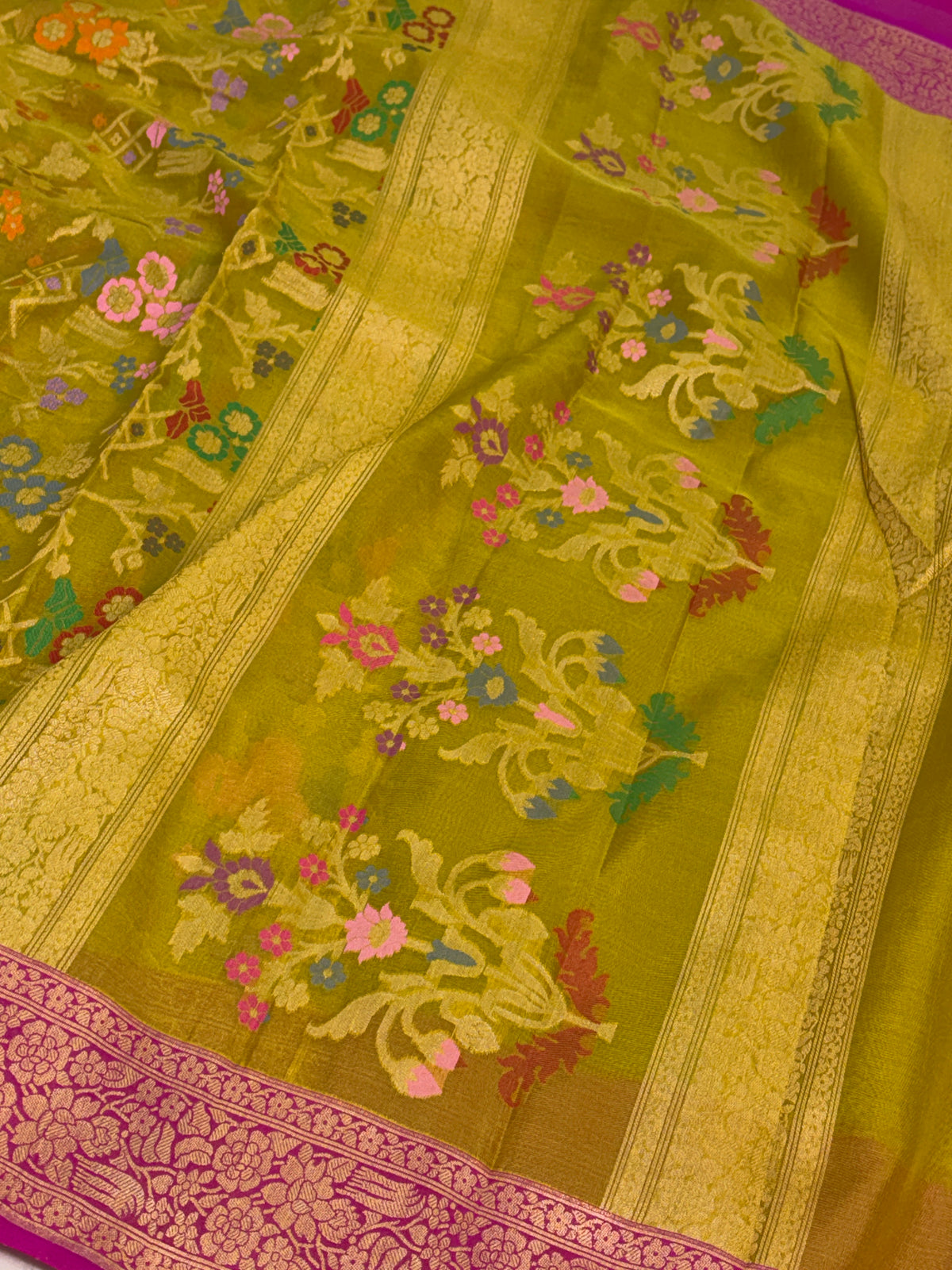 Lemon Yellow Pure Banarasi Kora Jamdani Saree