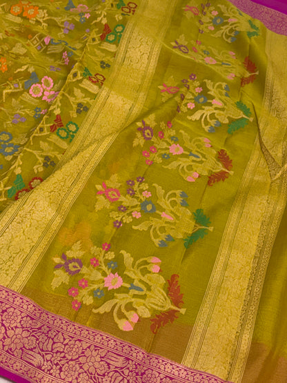 Lemon Yellow Pure Banarasi Kora Jamdani Saree