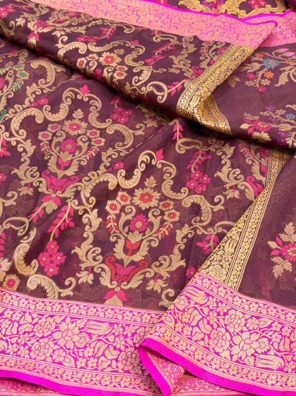 Brown Pure Banarasi Kora Jamdani Saree