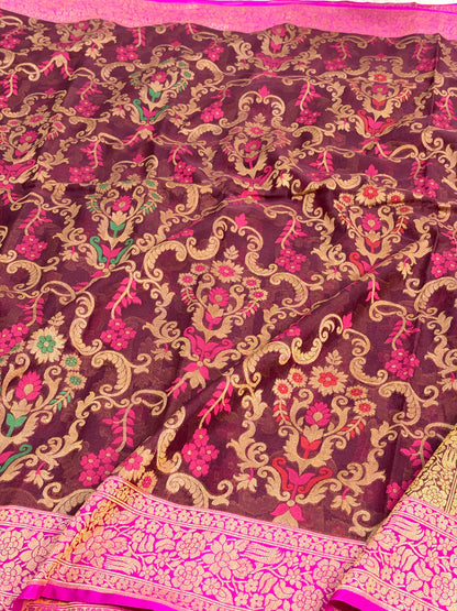 Brown Pure Banarasi Kora Jamdani Saree