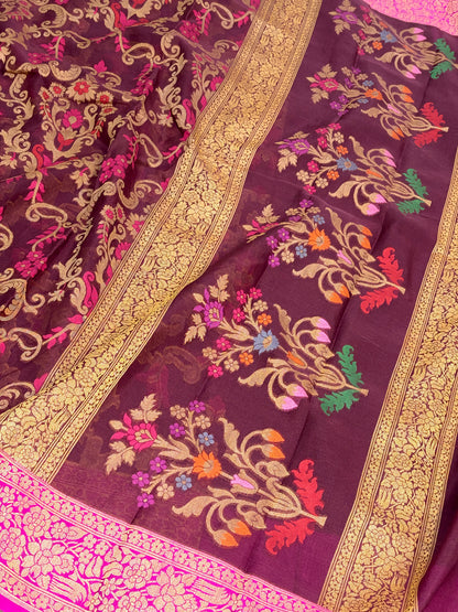 Brown Pure Banarasi Kora Jamdani Saree