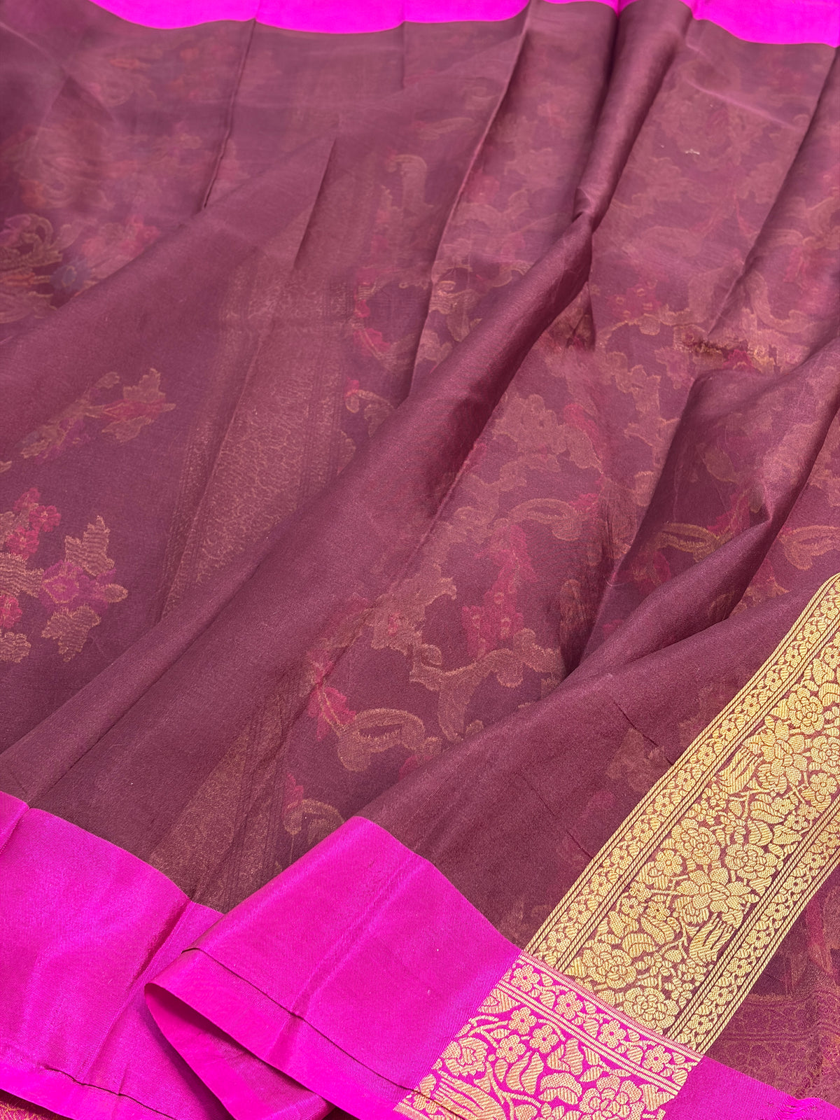 Brown Pure Banarasi Kora Jamdani Saree