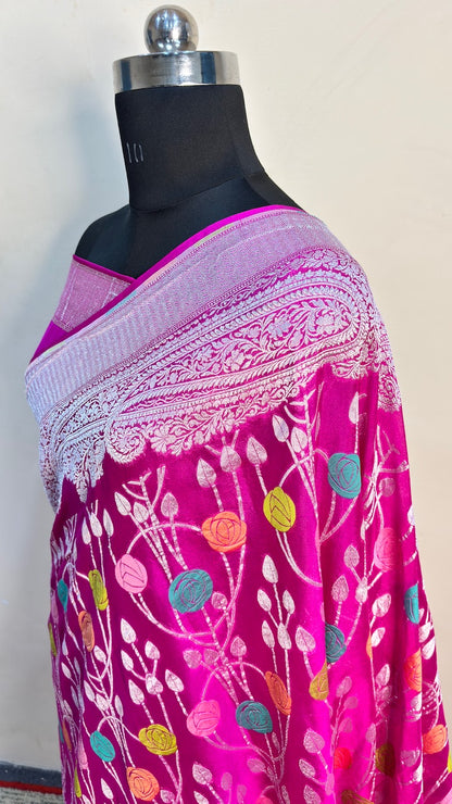 Magenta Pink Banarasi Pure Chiffon Silk Saree