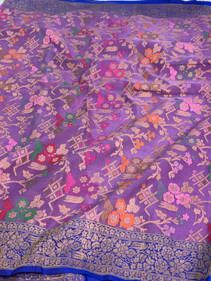 Lavender Pure Banarasi Kora Jamdani Saree
