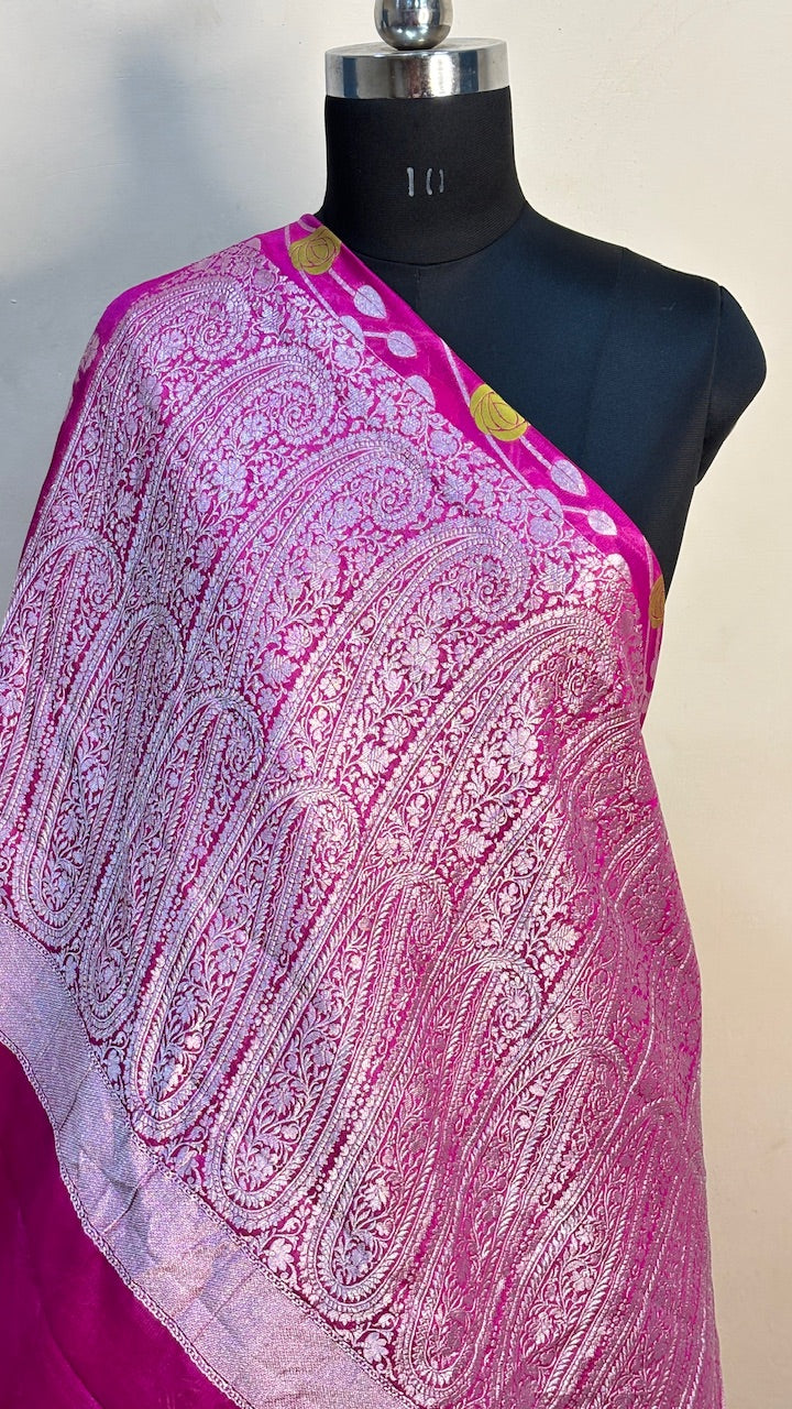 Magenta Pink Banarasi Pure Chiffon Silk Saree