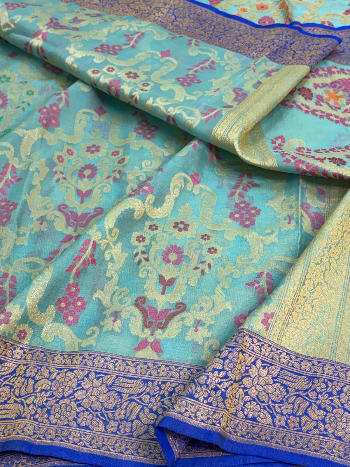 Sea Green Pure Banarasi Kora Jamdani Saree