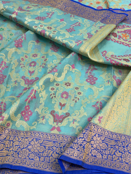 Sea Green Pure Banarasi Kora Jamdani Saree