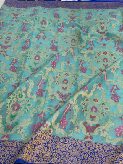 Sea Green Pure Banarasi Kora Jamdani Saree