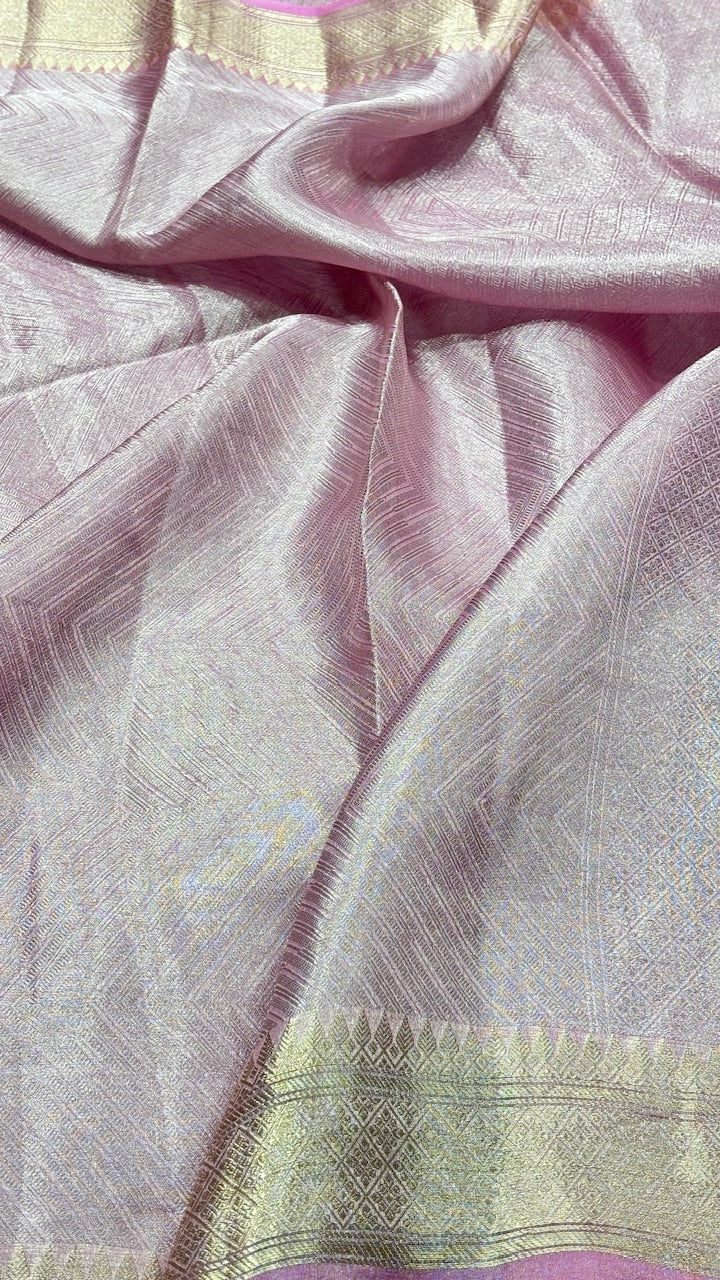 Baby Pink Molten Silver Pure Zari Tissue Saree