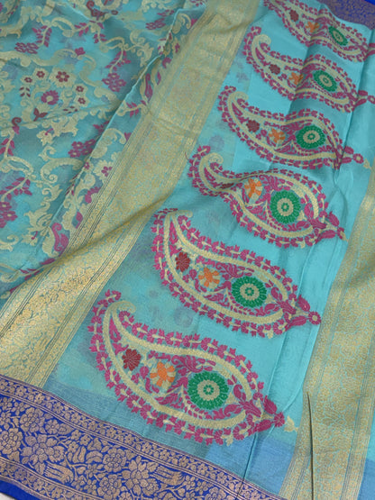 Sea Green Pure Banarasi Kora Jamdani Saree