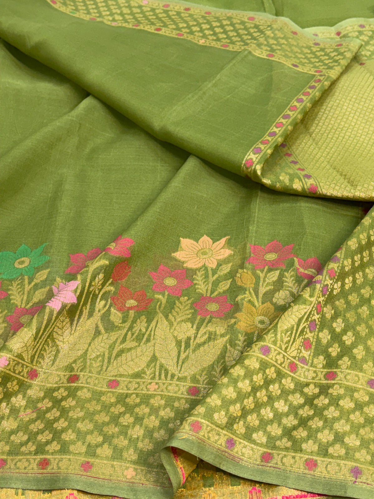 Mehendi Green Pure Banarasi Kora Jamdani Saree