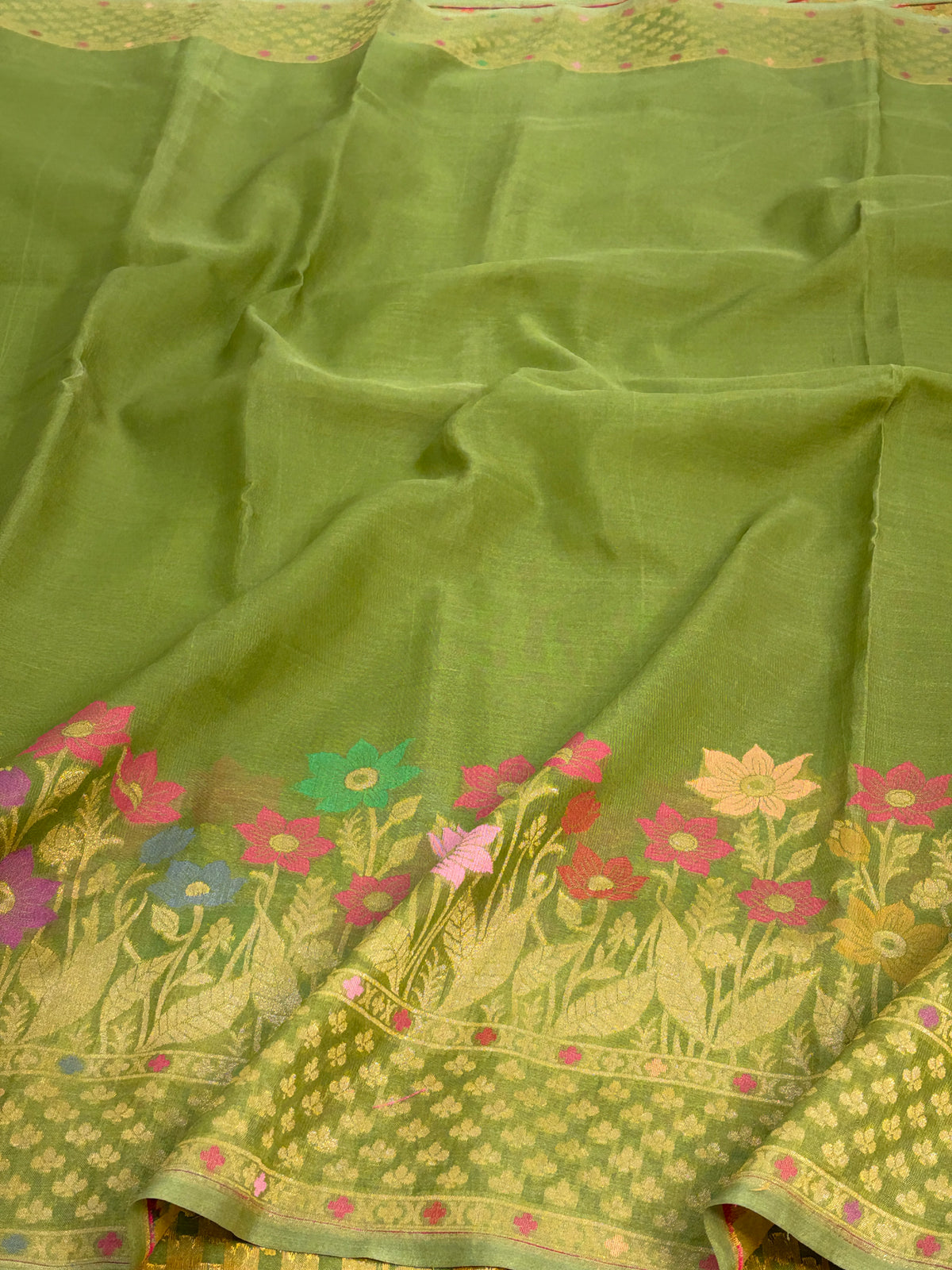 Mehendi Green Pure Banarasi Kora Jamdani Saree
