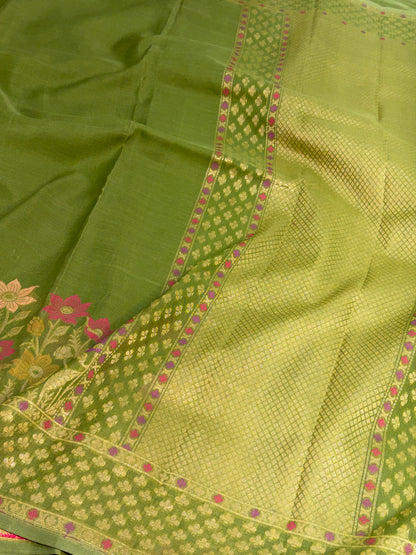 Mehendi Green Pure Banarasi Kora Jamdani Saree