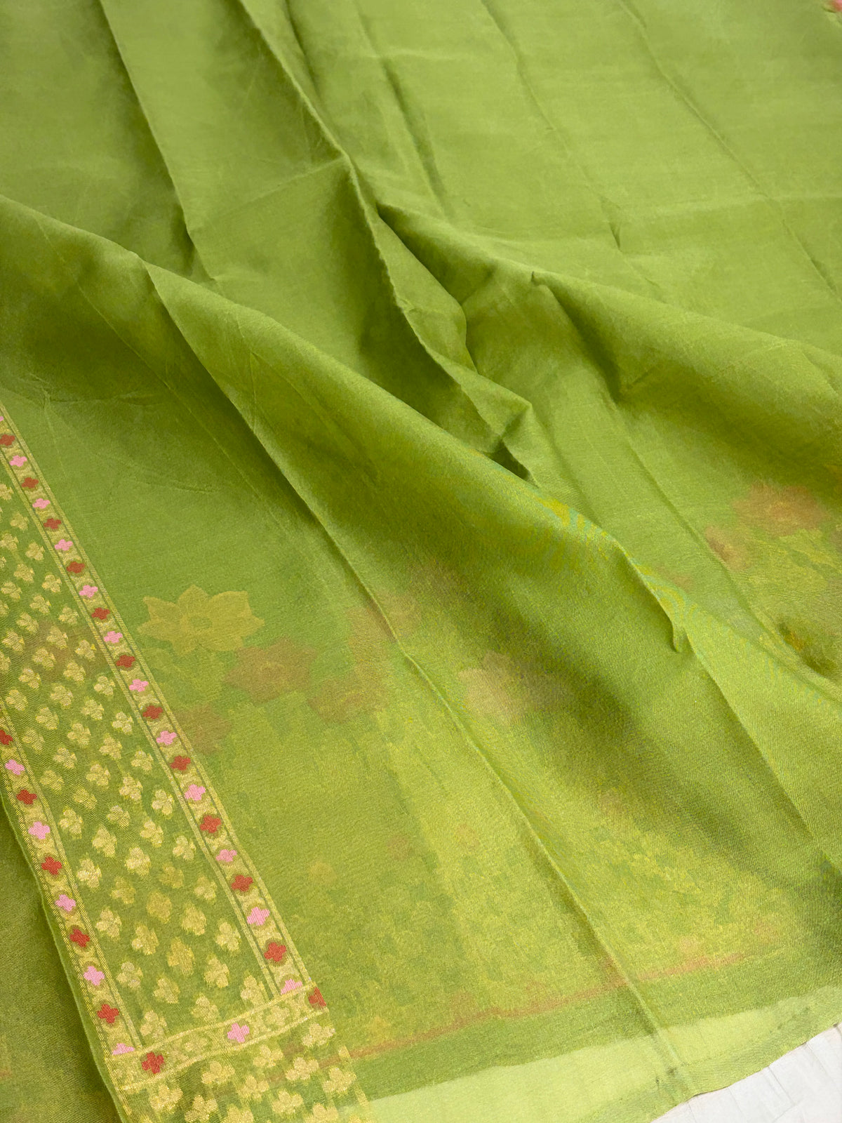 Mehendi Green Pure Banarasi Kora Jamdani Saree