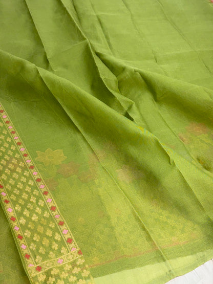 Mehendi Green Pure Banarasi Kora Jamdani Saree