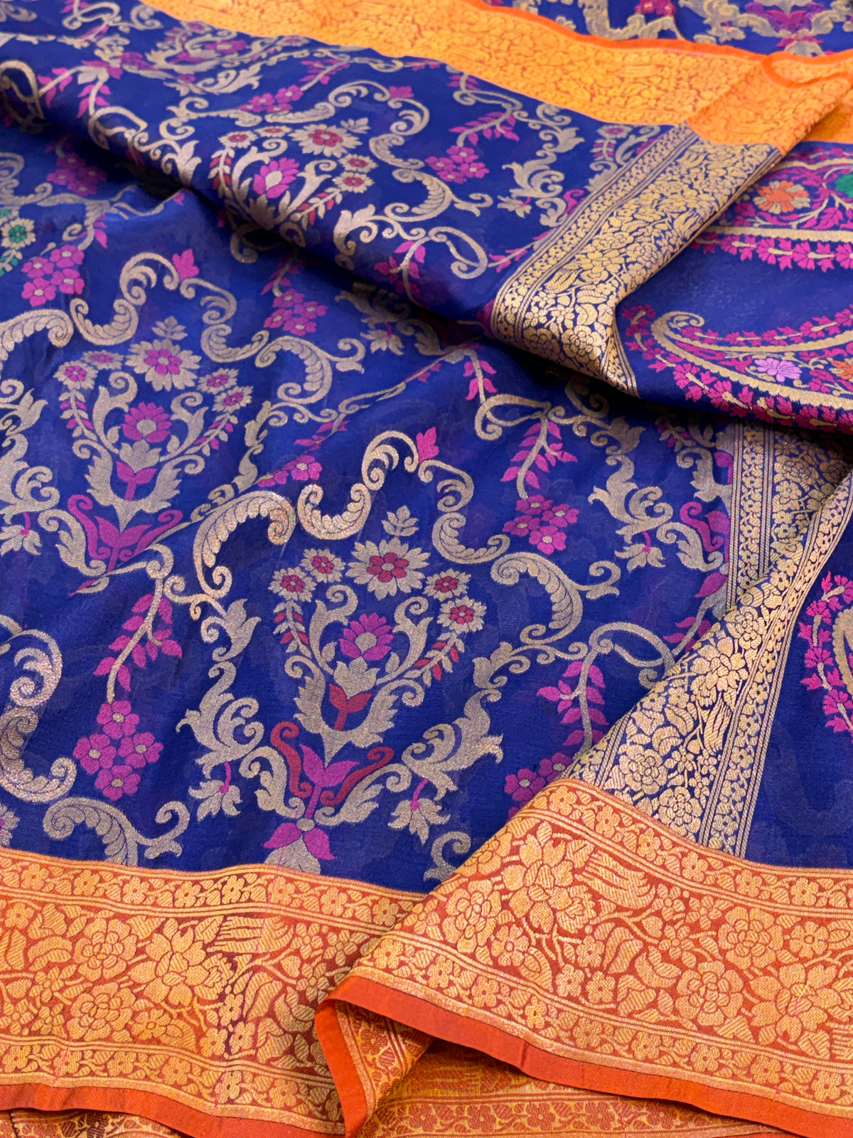 Navy Blue Pure Banarasi Kora Jamdani Saree
