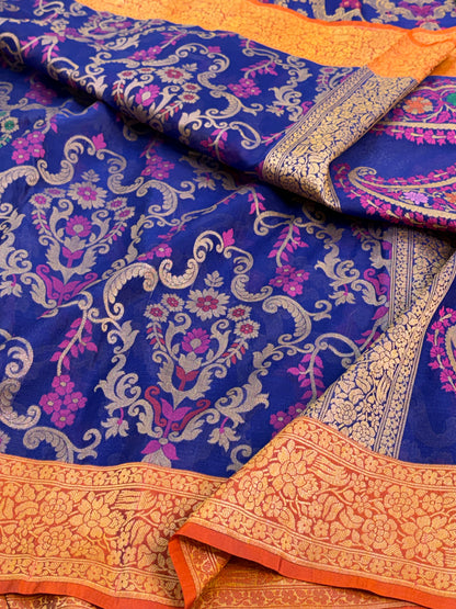 Navy Blue Pure Banarasi Kora Jamdani Saree