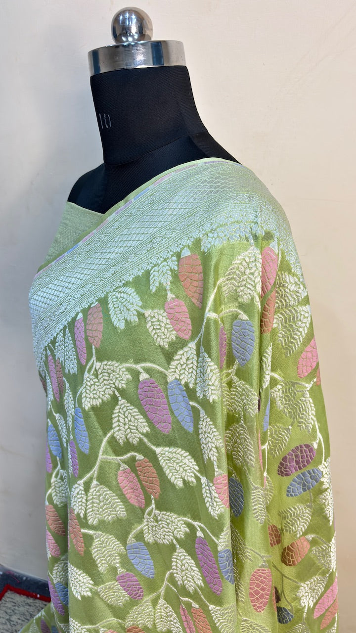 Leaf Green Banarasi Pure Chiffon Silk Saree