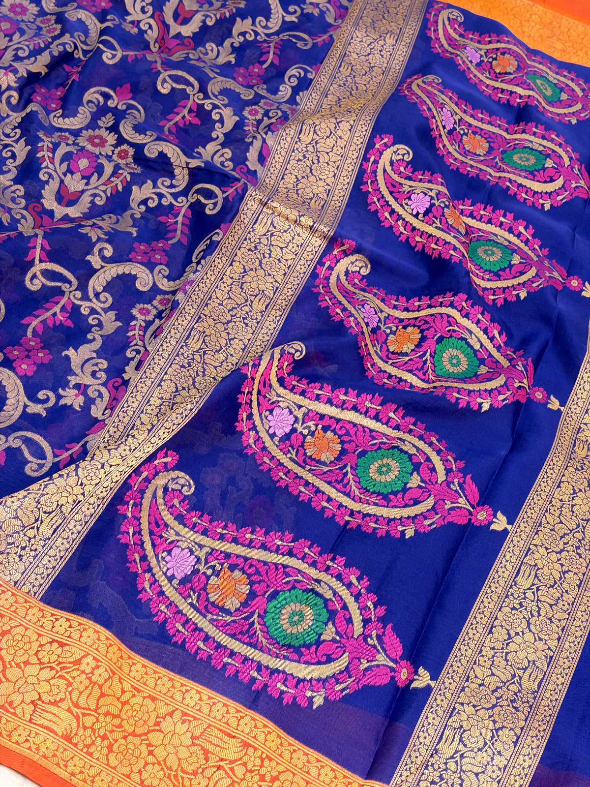 Navy Blue Pure Banarasi Kora Jamdani Saree