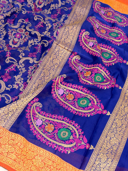 Navy Blue Pure Banarasi Kora Jamdani Saree