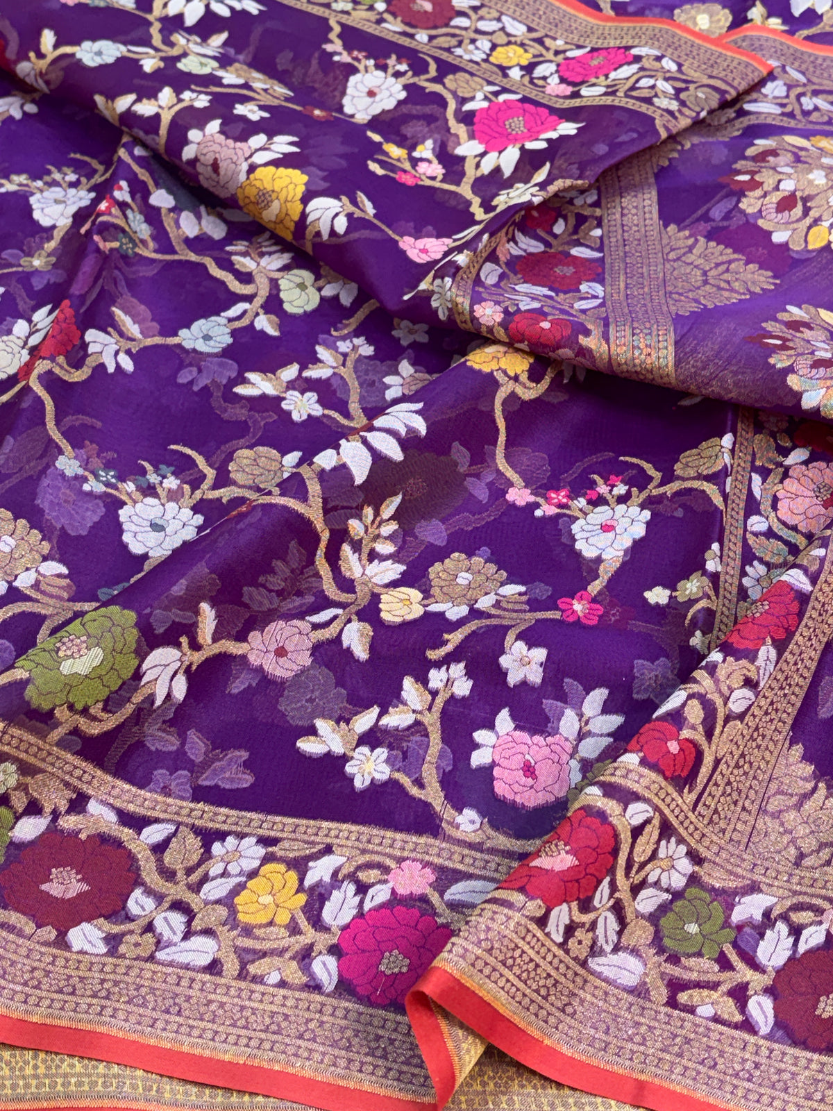 Purple Pure Banarasi Kora Jamdani Saree