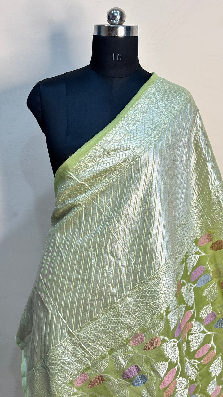 Leaf Green Banarasi Pure Chiffon Silk Saree
