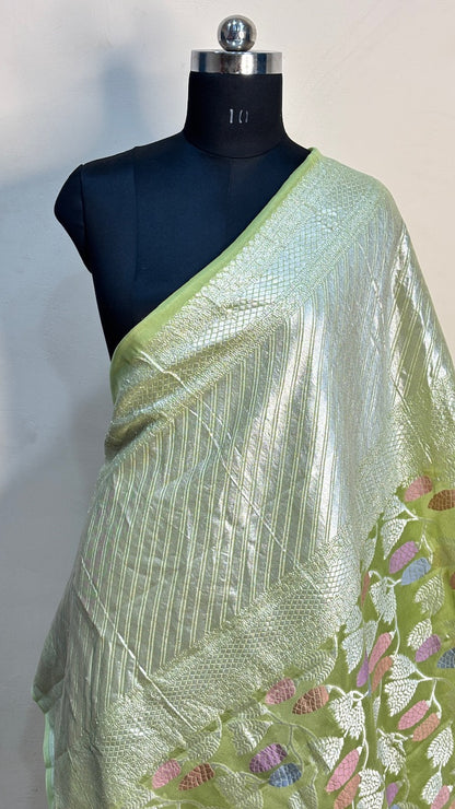 Leaf Green Banarasi Pure Chiffon Silk Saree