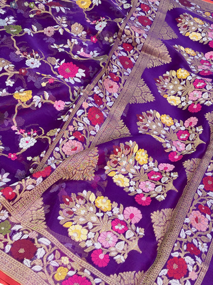 Purple Pure Banarasi Kora Jamdani Saree