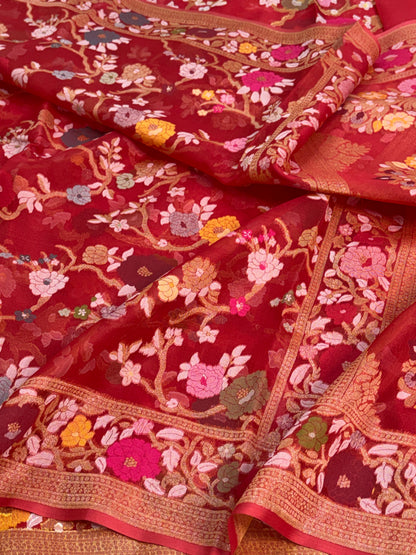 Red Pure Banarasi Kora Jamdani Saree
