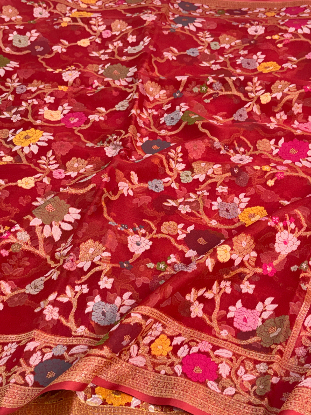 Red Pure Banarasi Kora Jamdani Saree