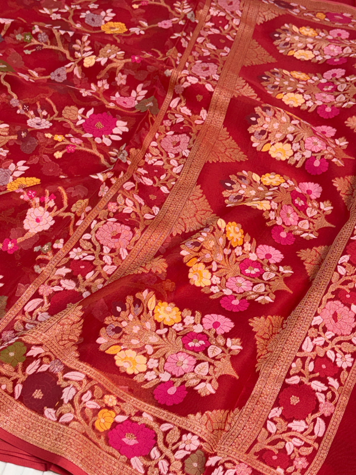 Red Pure Banarasi Kora Jamdani Saree