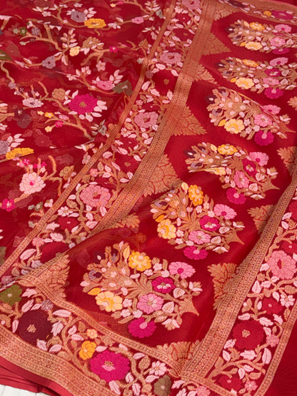 Red Pure Banarasi Kora Jamdani Saree