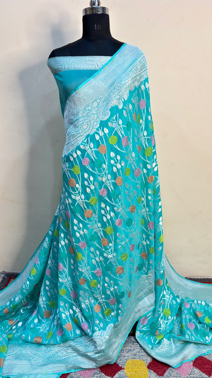 Turquoise Blue Banarasi Pure Chiffon Silk Saree