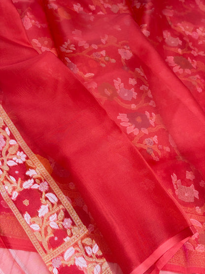 Red Pure Banarasi Kora Jamdani Saree