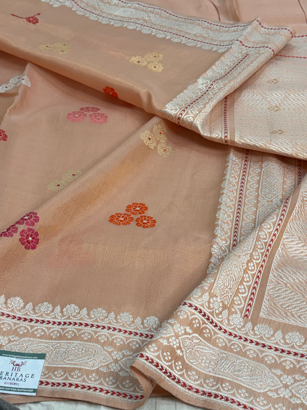 Peach Handwoven Pure Banarasi Kora Tissue Saree
