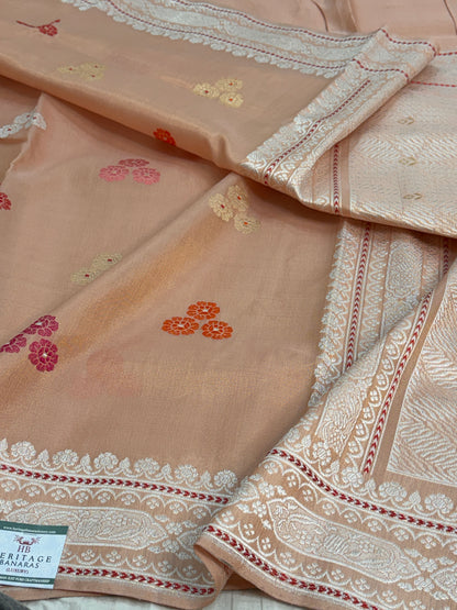 Peach Handwoven Pure Banarasi Kora Tissue Saree