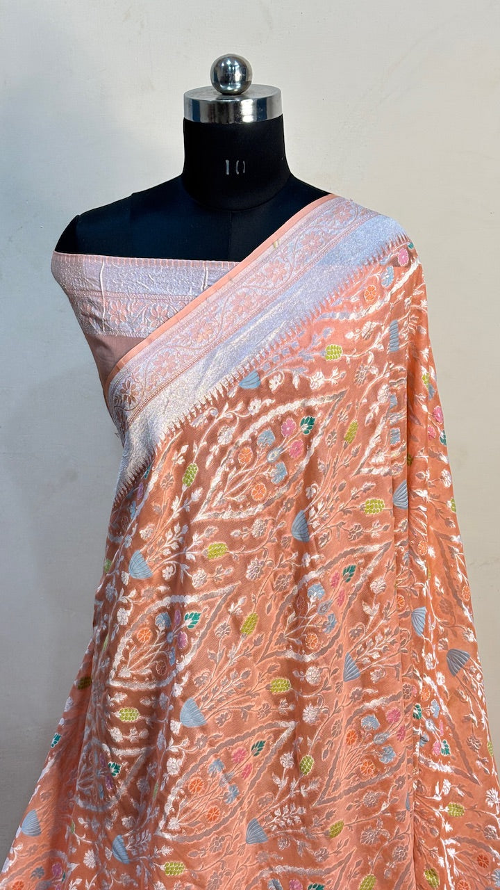 Peach Orange Banarasi Pure Chiffon Silk Saree