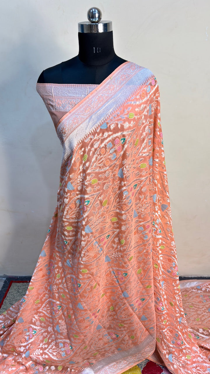 Peach Orange Banarasi Pure Chiffon Silk Saree